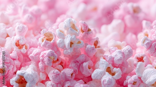 pink and white popcorn background, hyper-realistic pop art style