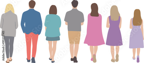 People walking rear view vector illustration, diverse men and women from back, casual lifestyle characters collection, modern flat design for crowd, urban scene, and social concept