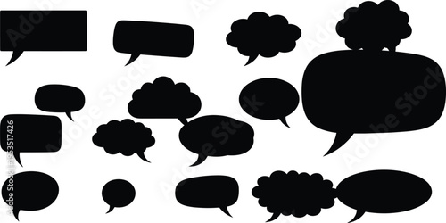 Collection of black speech and thought bubbles in various shapes and sizes designed for comics, graphic novels, and storytelling illustrations