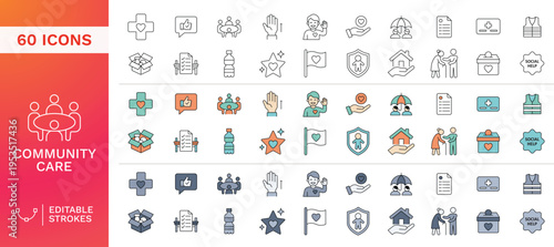 Humanitarian Support Editable Stroke Icons Set – 60 Modern Outline Vector Icons for Social Help, Community Care, Donation, Healthcare, Protection, Volunteering and Assistance UI Design