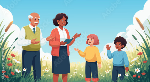 Delightful vector illustration of diverse people, a teacher, and children enjoying nature in a field of flowers and plants