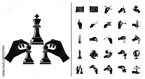 Strategy game success concept with king and pawns hands moving chess pieces black silhouette icons set