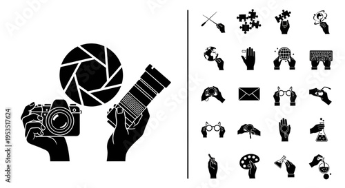 Photography equipment icons with hands holding dslr camera and zoom lens beside shutter aperture and artistic tools