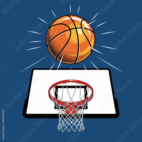 Vector illustration of a basketball going through a hoop with rays emanating from the ball, concept of winning and scoring in a game