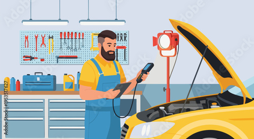 Automotive Mechanic Vector Illustration Working on a Yellow Car Engine in a Garage Setting