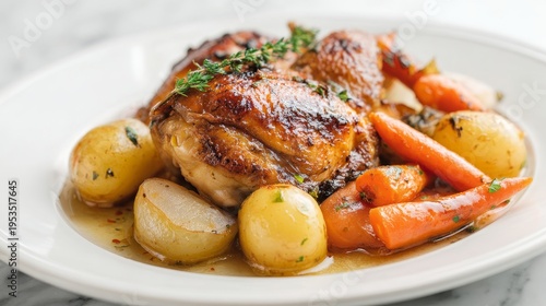 plate of poule au pot with carottes and mini navets