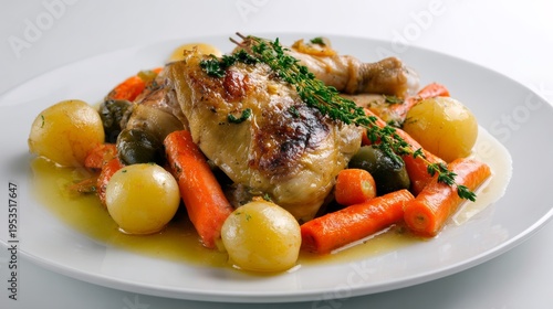 plate of poule au pot with carottes and mini navets