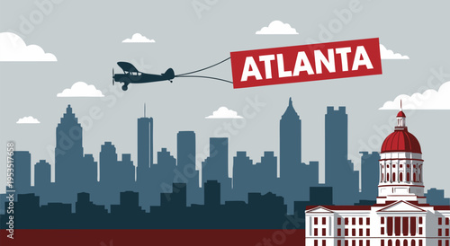 Atlanta skyline vector illustration with airplane towing banner and dome building