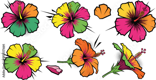 Colorful pop art hibiscus flower vector set with bold comic style petals tropical floral illustration collection design
