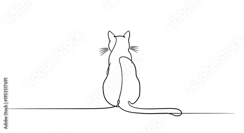 Fototapeta Continuous line drawing of a cat sitting, minimalist feline silhouette