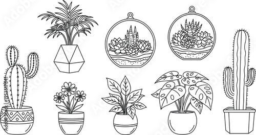 Black and white line drawings of potted plants and succulents, including cacti, leafy houseplants, flowering plants, and hanging terrariums in decorative geometric patterned pots for design use.