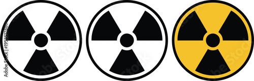 Radiation warning trefoil symbols, collection of three vector icons for nuclear hazard radioactive risk and industrial safety warning graphics.