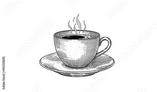 Coffee Cup with Saucer Hand Drawn Illustration – Vintage Engraving Style