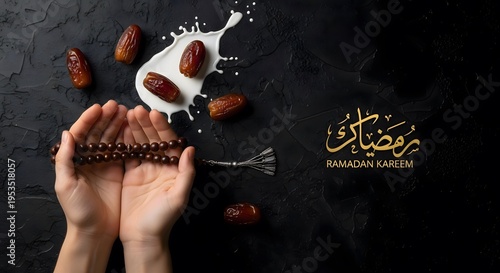 Hands holding prayer beads with dates and milk splash on a dark textured background, celebrating ramadan kareem