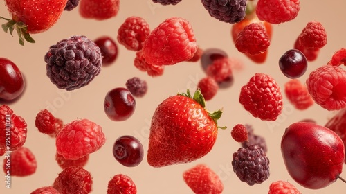 Red fruits falling from the sky. Raspberry. watermelon. strawberry. sour cherry. bilberry. acai. beetroot.