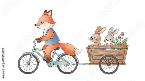 A fox rides a bicycle with a trailer carrying two rabbits.