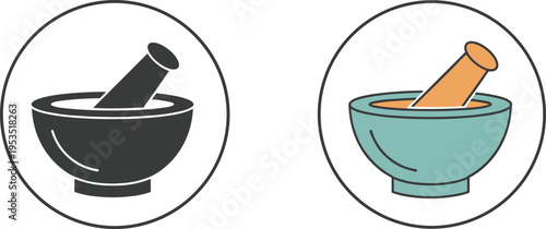 Mortar and pestle icon set in flat and outline styles, simple apothecary and herbal medicine symbol vector illustration collection