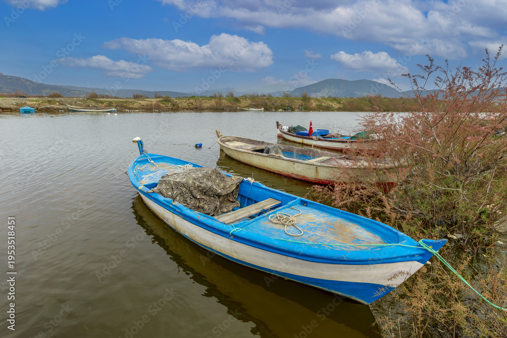 Fototapeta Türkiye - Aydın - Serçin village, the Menderes River, fishing boats of various colors in the canal.