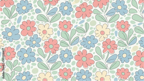 Vibrant flowers bloom in a colorful floral pattern with leaves and stems on a white background