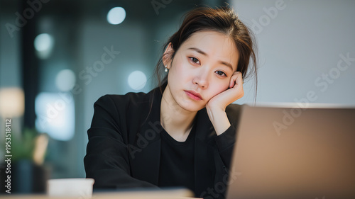 夜遅くまで働き疲れた日本人ビジネスウーマンのポートレート コピースペースあり 残業とストレスのイメージ