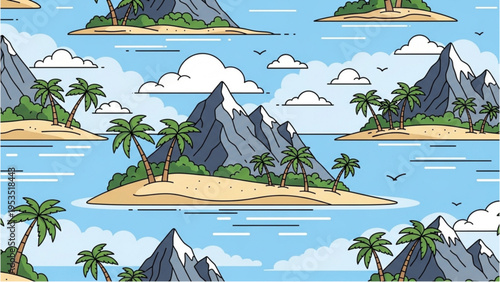 Tropical islands with palm trees and mountains are scattered across blue waters under cloudy skies.