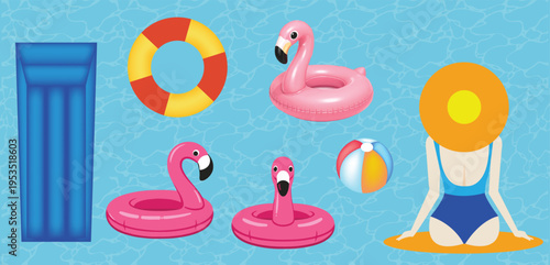 Summer Pool Floats and Inflatables Collection, Summer vacation objects, swimming pool with blue inflatable air mattress,  flamingo, lifebuoy, beach ball, and woman in blue swimsuit