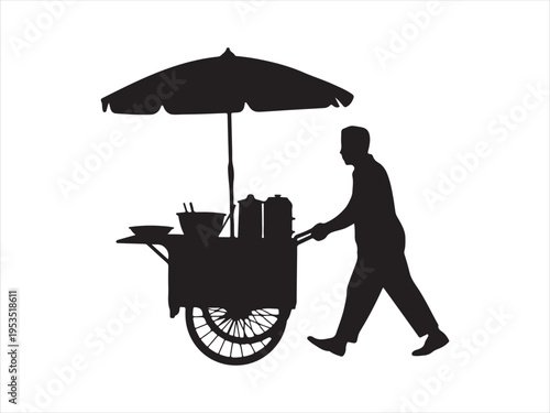 Black and White Vector Silhouette of Street Food Vendors Pushing Carts, Mobile food stall vector illustration