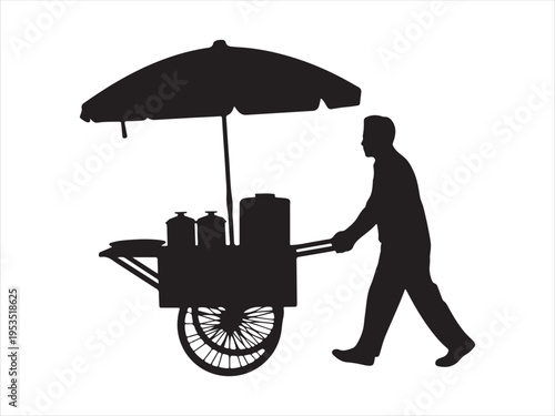 Black and White Vector Silhouette of Street Food Vendors Pushing Carts, Mobile food stall vector illustration