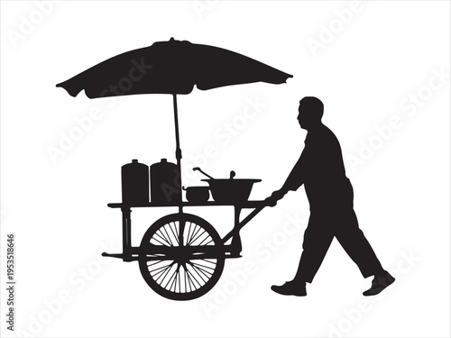 Black and White Vector Silhouette of Street Food Vendors Pushing Carts, Mobile food stall vector illustration