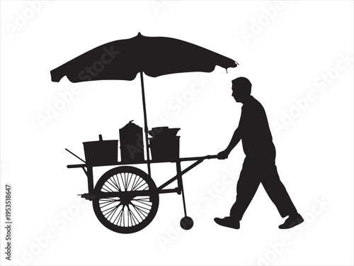 Black and White Vector Silhouette of Street Food Vendors Pushing Carts, Mobile food stall vector illustration