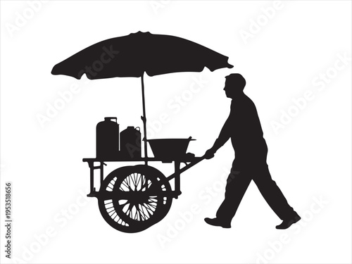 Black and White Vector Silhouette of Street Food Vendors Pushing Carts, Mobile food stall vector illustration