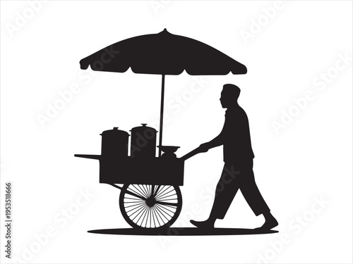 Black and White Vector Silhouette of Street Food Vendors Pushing Carts, Mobile food stall vector illustration