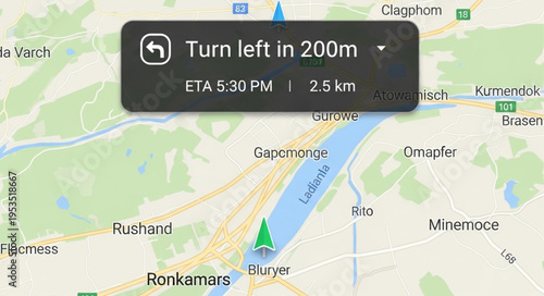 Navigation app showing turn direction and distance on a map.
