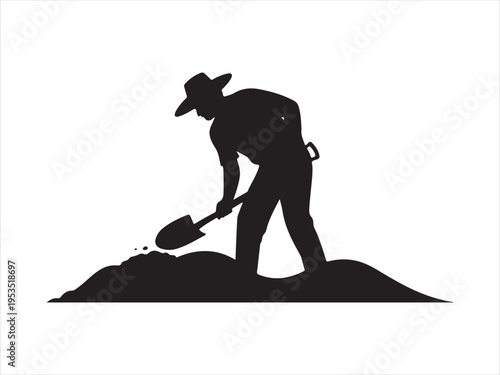 Silhouette of a man digging with a shovel, isolated agriculture work vector illustration