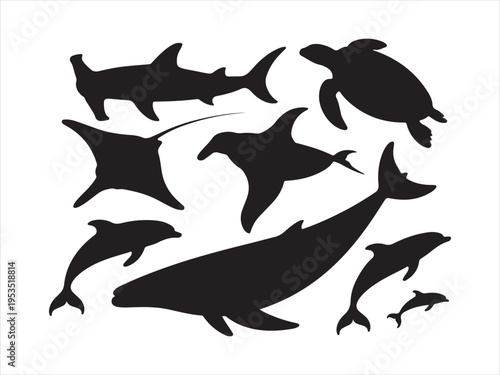 Diverse marine animals silhouettes set sea creatures ocean wildlife vector illustration