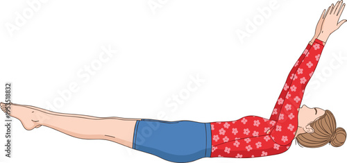 Focused athlete performing hollow body hold exercise in red floral shirt and blue shorts, demonstrating core strength, stability, and proper gymnastics fitness training technique.