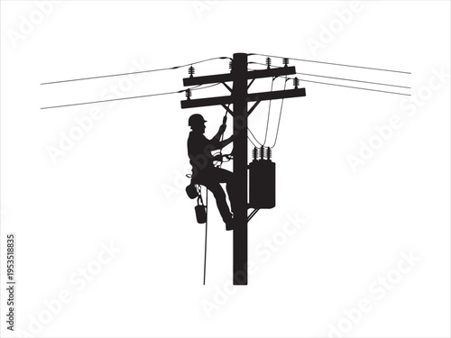 Silhouette of electrician lineman climbing utility pole performing power line maintenance, power line worker vector illustration