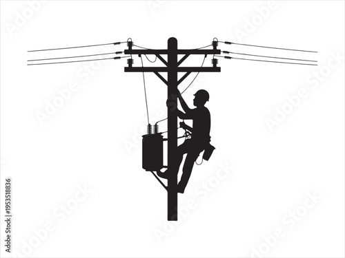 Silhouette of electrician lineman climbing utility pole performing power line maintenance, power line worker vector illustration