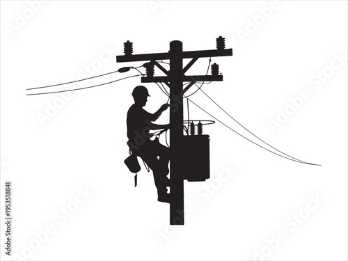 Silhouette of electrician lineman climbing utility pole performing power line maintenance, power line worker vector illustration