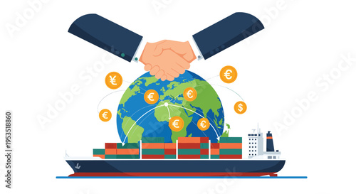 Global trade and logistics illustration featuring two hands shaking over a world globe with cargo ships and international currency symbols.