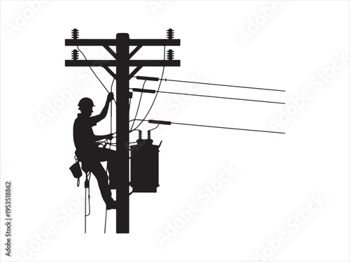 Silhouette of electrician lineman climbing utility pole performing power line maintenance, power line worker vector illustration