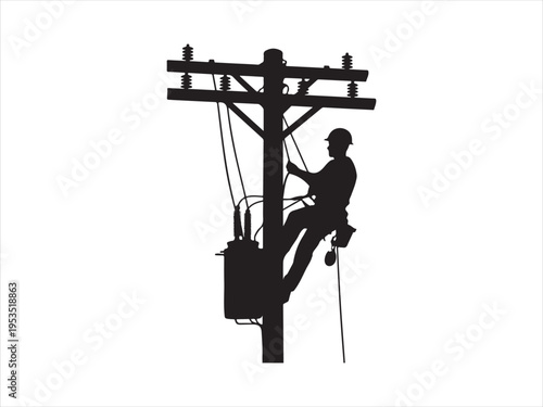 Silhouette of electrician lineman climbing utility pole performing power line maintenance, power line worker vector illustration