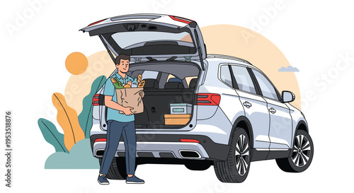 Young man loading paper bags full of fresh groceries and boxes into the back of a white SUV parked outdoors on a sunny day.