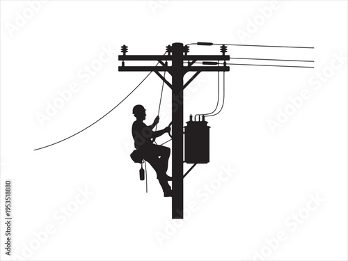Silhouette of electrician lineman climbing utility pole performing power line maintenance, power line worker vector illustration