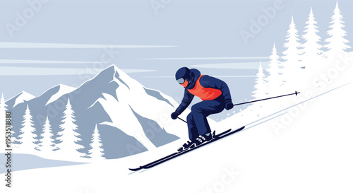 Professional skier in blue and orange gear speeds down a snowy mountain slope with pine trees and high peaks in the background.