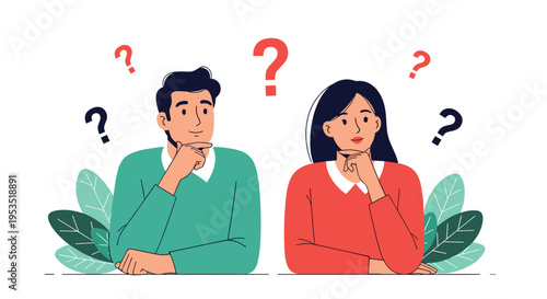 Young couple sitting together with confused expressions and question marks floating around them as they think about a difficult decision.