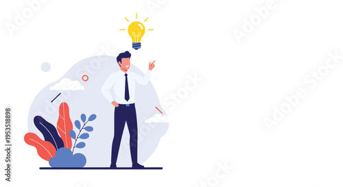 Enthusiastic businessman in a white shirt and tie pointing up at a glowing light bulb representing a brilliant new creative idea or solution.