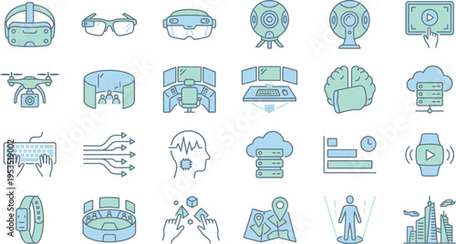 Collection of futuristic technology icons representing virtual reality, data processing, and digital innovation concepts.