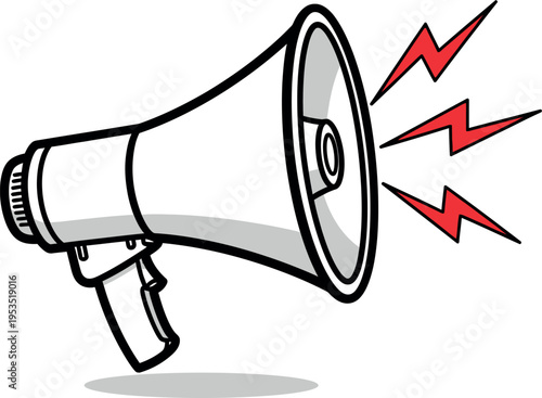 Megaphone with red lightning bolts on splash background, loud alert communication marketing announcement