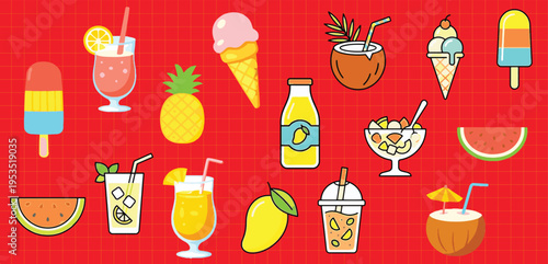 Summer Refreshing Drinks and Tropical Fruits Collection, Variety of refreshing summer drinks and fruits popsicles, cocktails, pineapple, ice cream, coconuts, mango, and watermelon slices illustrations